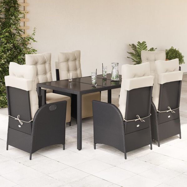 vidaXL Ensemble &agrave; manger de jardin coussins 7pcs Noir R&eacute;sine tress&eacute;e