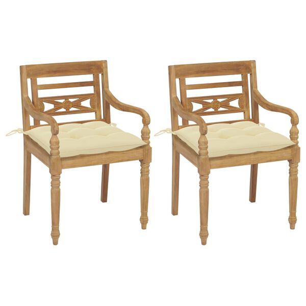 vidaXL Chaises Batavia lot de 2 et coussins cr&egrave;me Bois de teck massif