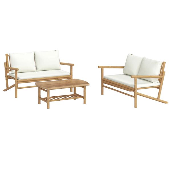 vidaXL Salon de jardin 3 pcs avec coussins blanc cr&egrave;me bambou