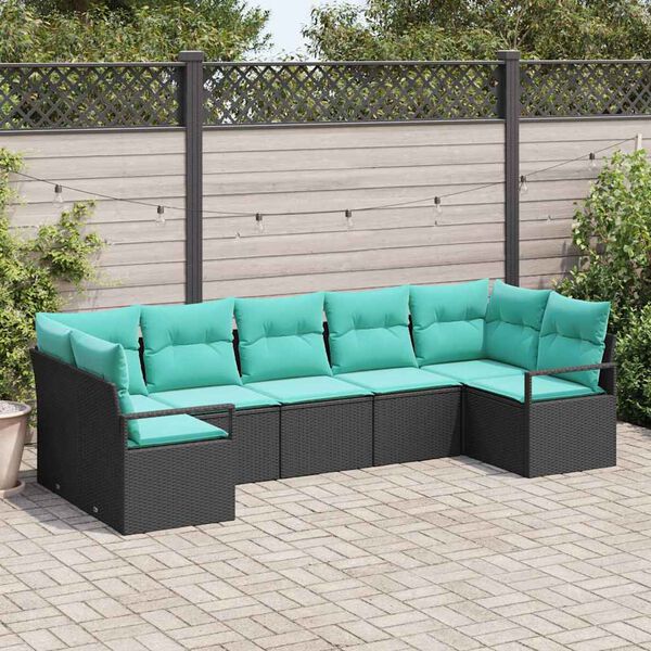 vidaXL Ensemble de canap&eacute; de jardin 7 pcs Noir et turquoise polyrotin