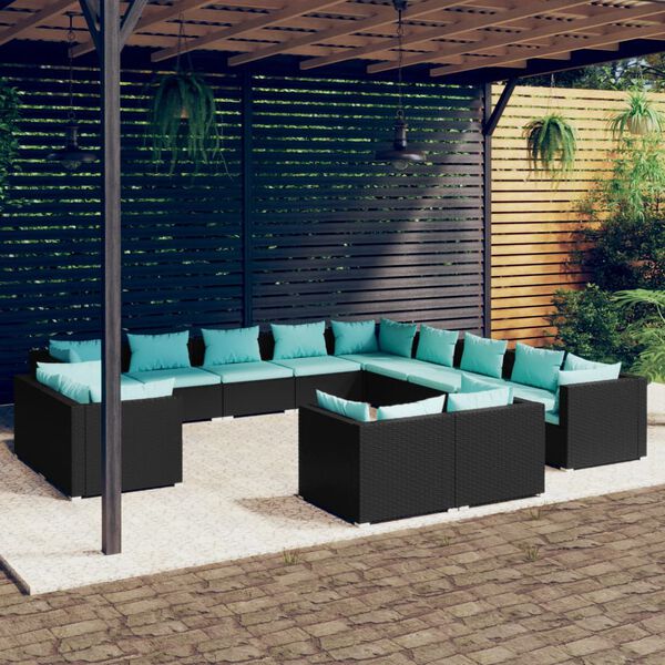 vidaXL Salon de jardin 13 pcs avec coussins Noir R&eacute;sine tress&eacute;e