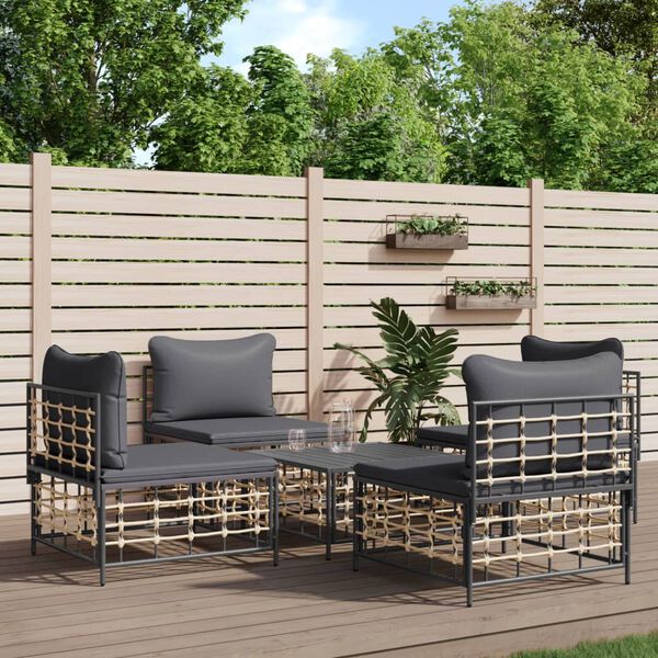 vidaXL Salon de jardin 5 pcs avec coussins anthracite r&eacute;sine tress&eacute;e