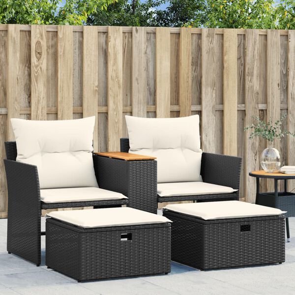 vidaXL Canap&eacute; de jardin 2 places avec tabourets noir r&eacute;sine tress&eacute;e