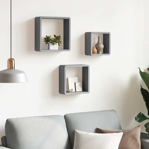 vidaXL &Eacute;tag&egrave;res murales sous forme de cube 3 pcs Gris MDF