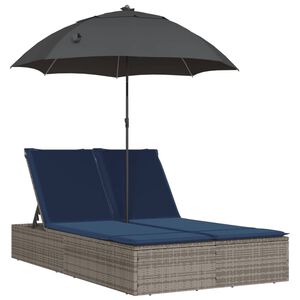 vidaXL Chaise longue double et coussins et parasol gris résine tressée