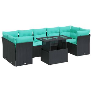 vidaXL Salon de jardin avec coussins 8 pcs noir r&eacute;sine tress&eacute;e acacia