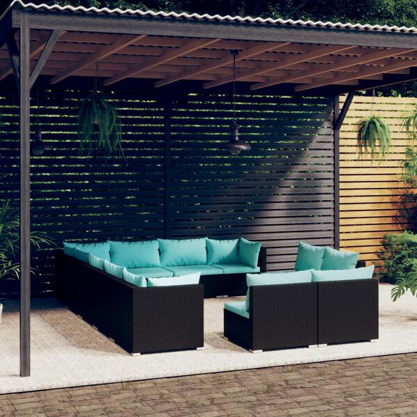 vidaXL Salon de jardin 12 pcs avec coussins Noir R&eacute;sine tress&eacute;e