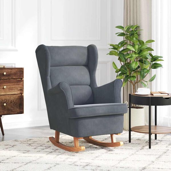 vidaXL Fauteuil &agrave; bascule &agrave; oreilles en velours gris fonc&eacute; bois massif