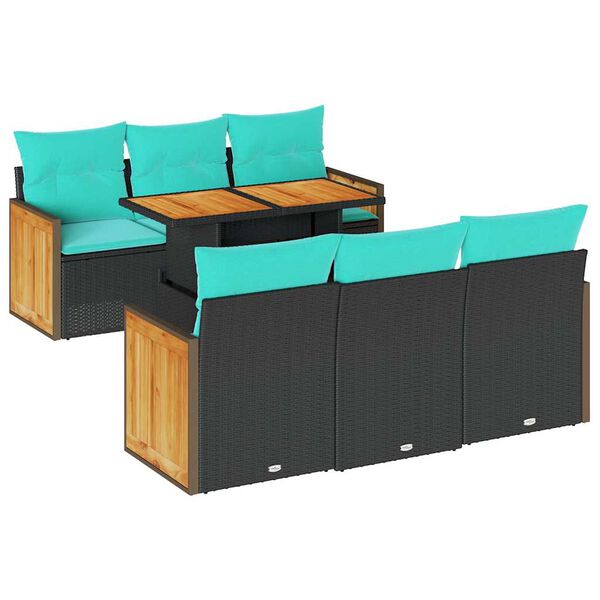 vidaXL Salon de jardin avec coussins 7 pcs noir r&eacute;sine tress&eacute;e acacia