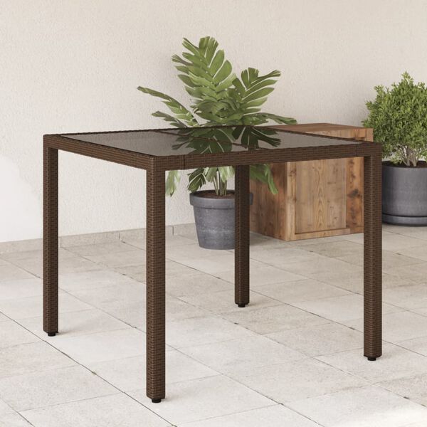 vidaXL Table de jardin avec dessus en verre marron r&eacute;sine tress&eacute;e