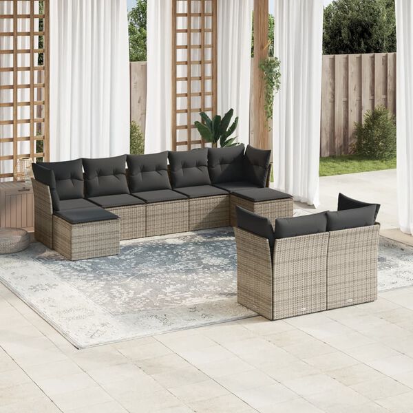 vidaXL Salon de jardin 9 pcs avec coussins gris résine tressée