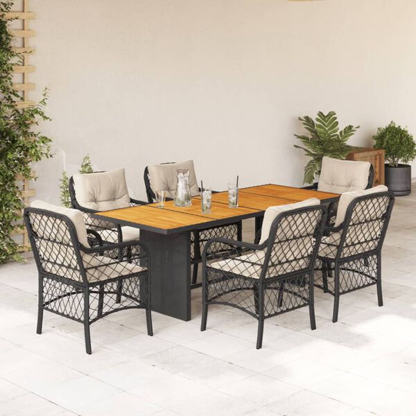 vidaXL Ensemble &agrave; manger de jardin coussins 7pcs Noir R&eacute;sine tress&eacute;e