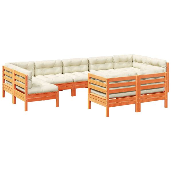 vidaXL Salon de jardin 9 pcs avec coussins marron cire bois pin massif