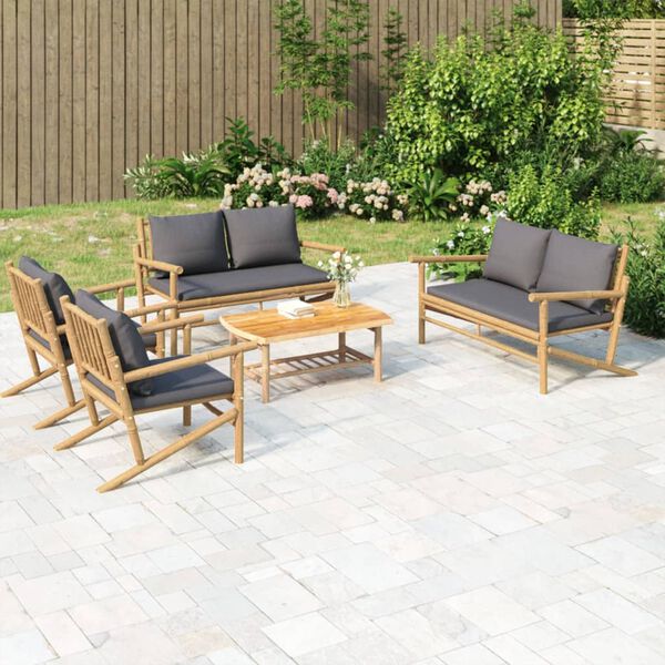 vidaXL Salon de jardin 5 pcs avec coussins gris fonc&eacute; bambou