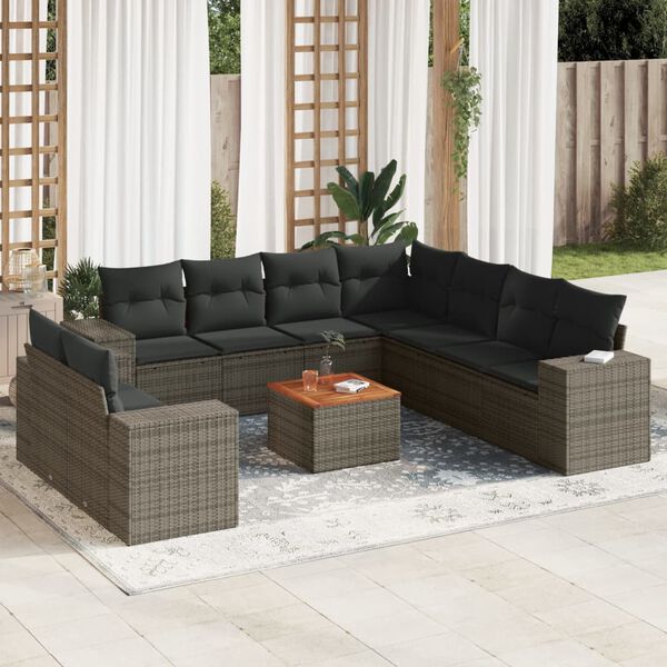 vidaXL Salon de jardin avec coussins 10 pcs gris r&eacute;sine tress&eacute;e