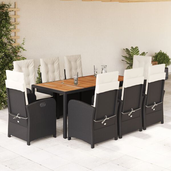 vidaXL Ensemble &agrave; manger de jardin 9pcs coussins noir r&eacute;sine tress&eacute;e