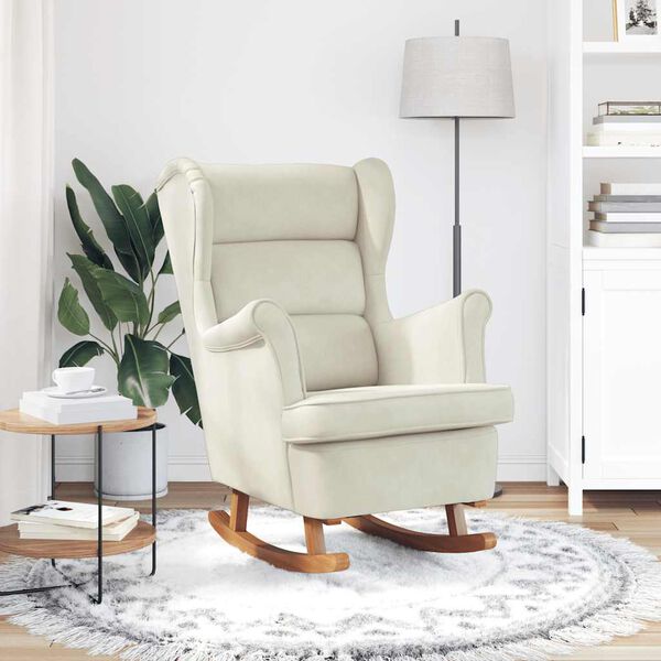 vidaXL Fauteuil à bascule à oreilles en velours crème bois massif