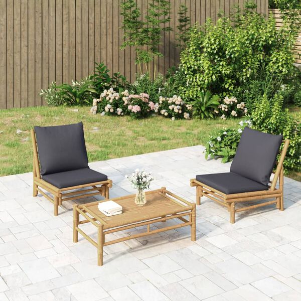 vidaXL Salon de jardin 3 pcs avec coussins gris fonc&eacute; bambou