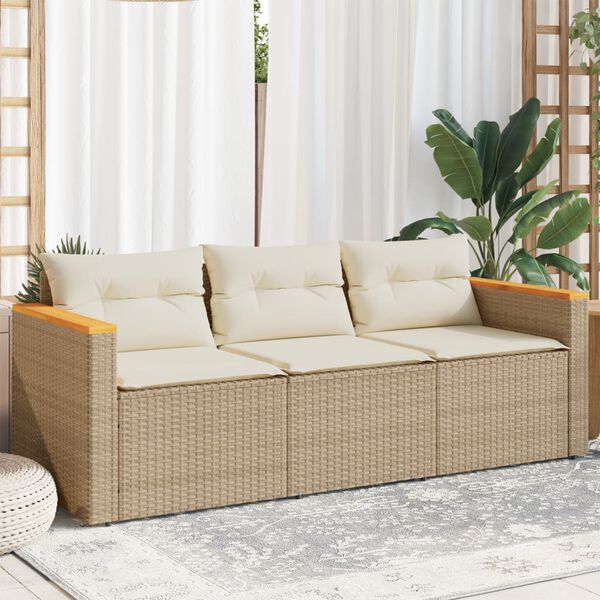 vidaXL Canap&eacute; de jardin avec coussins 3 places beige r&eacute;sine tress&eacute;e