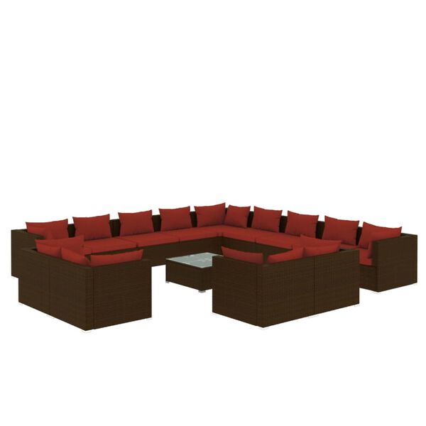 vidaXL Salon de jardin 14 pcs avec coussins Marron R&eacute;sine tress&eacute;e