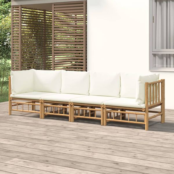 vidaXL Salon de jardin 4 pcs avec coussins blanc cr&egrave;me bambou