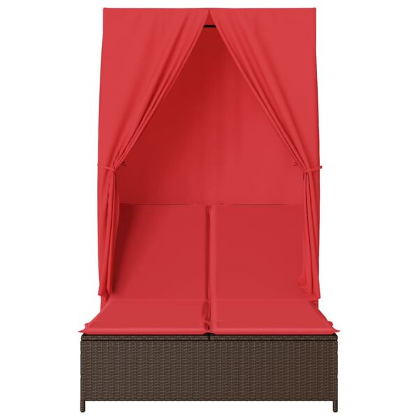 vidaXL Chaise longue double avec toit et rideaux marron résine tressée