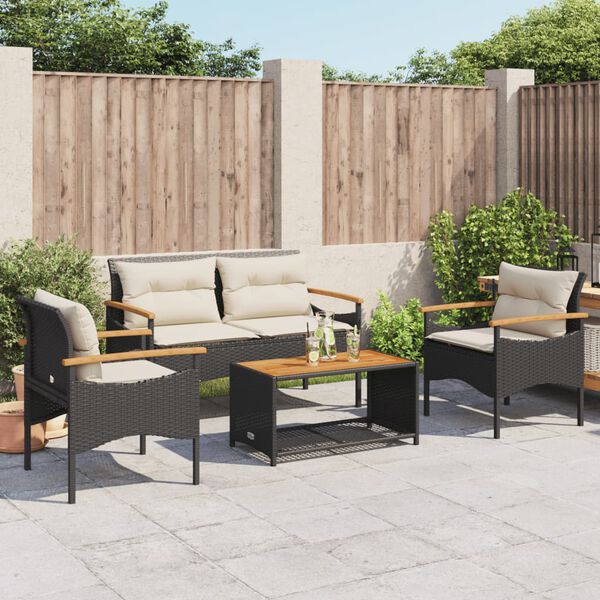 vidaXL Salon de jardin 4 pcs avec coussins noir r&eacute;sine tress&eacute;e