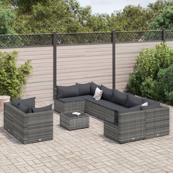 vidaXL Salon de jardin avec coussins 10 pcs gris r&eacute;sine tress&eacute;e