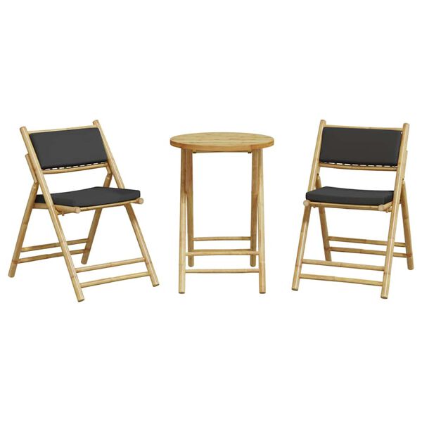 vidaXL Ensemble de bistro pliante 3 pcs et coussins gris foncé bambou