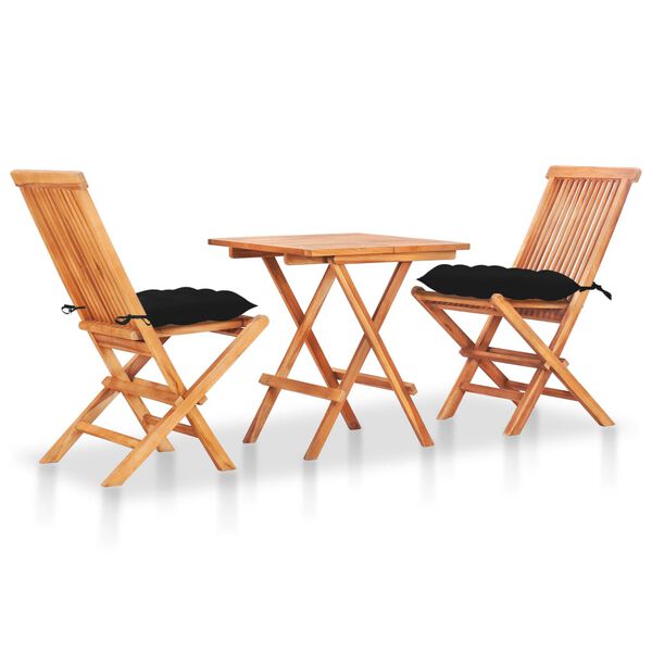 vidaXL Ensemble de bistro 3 pcs avec coussins noir Bois de teck massif