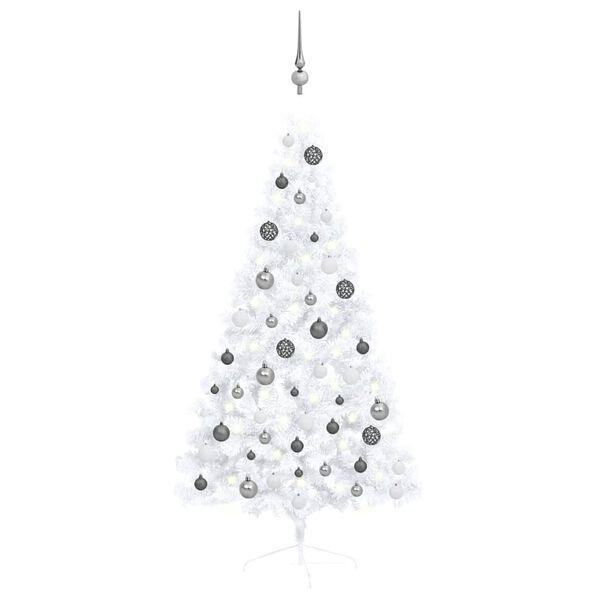 vidaXL Demi-arbre de No&euml;l artificiel pr&eacute;-&eacute;clair&eacute; et boules blanc 150cm