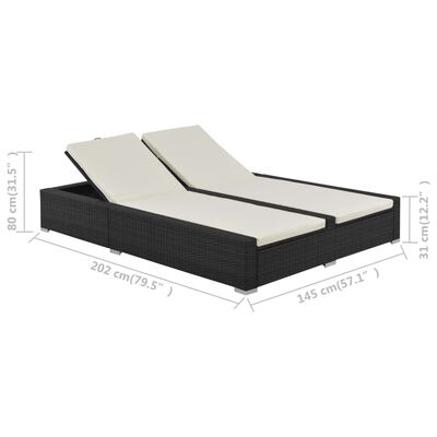 vidaXL Chaise longue double Résine tressée Noir