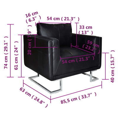 vidaXL Fauteuil cube avec pieds chromés noir cuir