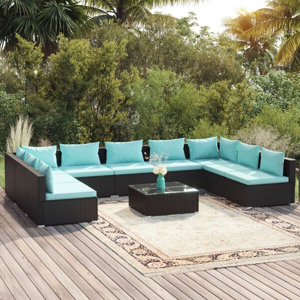 vidaXL Salon de jardin 10 pcs avec coussins R&eacute;sine tress&eacute;e Noir