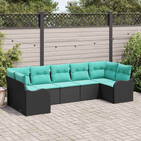 vidaXL Ensemble de canap&eacute; de jardin 7 pcs Noir et turquoise Poly rotin