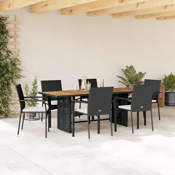vidaXL Ensemble &agrave; manger de jardin coussins 7pcs Noir R&eacute;sine tress&eacute;e