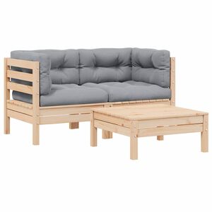 vidaXL Salon de jardin 3 pcs avec coussins gris Bois de pin massif