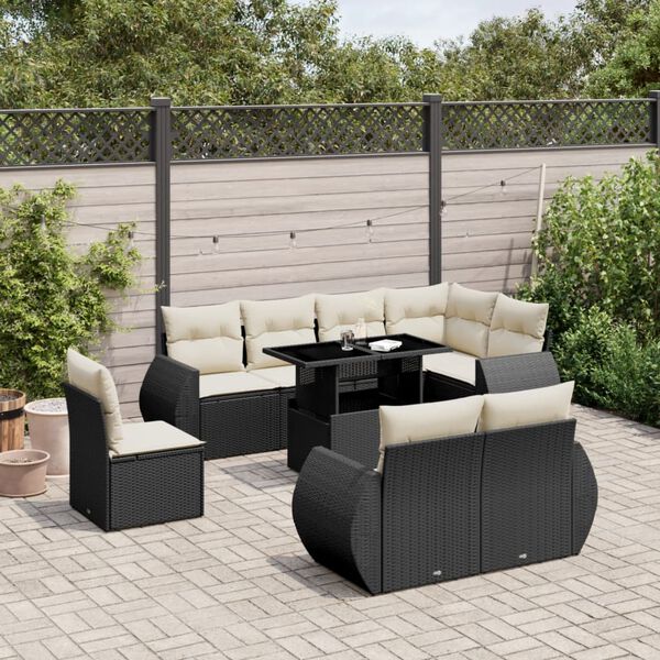 vidaXL Salon de jardin 9 pcs avec coussins noir r&eacute;sine tress&eacute;e