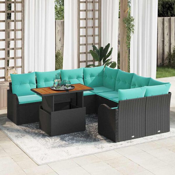 vidaXL Ensemble de canap&eacute; de jardin 9 pcs Noir et Bleu polyrotin