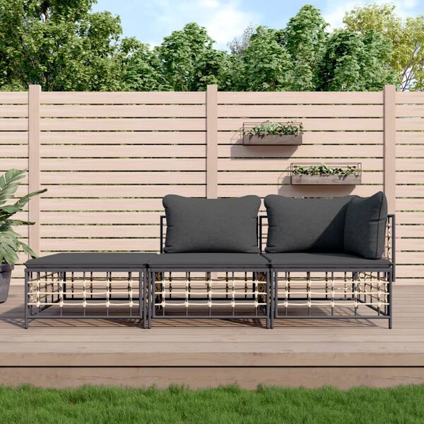 vidaXL Salon de jardin 3 pcs avec coussins anthracite r&eacute;sine tress&eacute;e