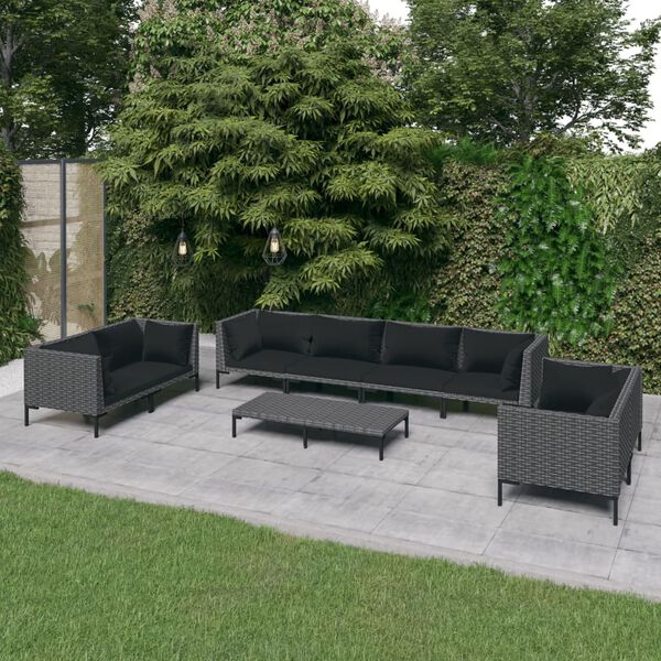 vidaXL Salon de jardin 9 pcs avec coussins R&eacute;sine tress&eacute;e Gris fonc&eacute;