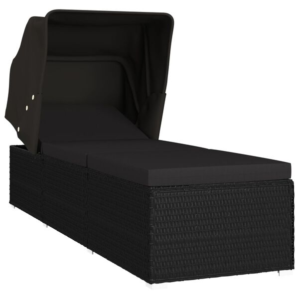 vidaXL Chaise longue avec auvent et coussin R&eacute;sine tress&eacute;e Noir