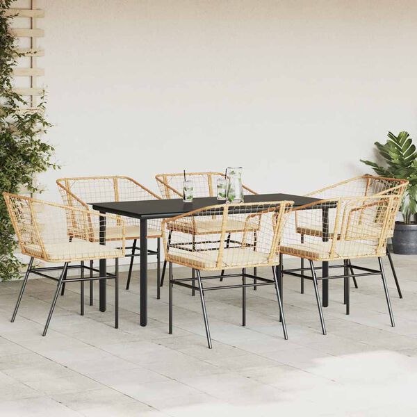 vidaXL Ensemble &agrave; manger jardin coussins 7pcs marron poly rotin verre