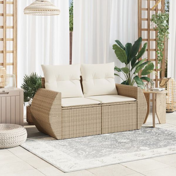 vidaXL Canap&eacute; de jardin avec coussins 2 places beige r&eacute;sine tress&eacute;e