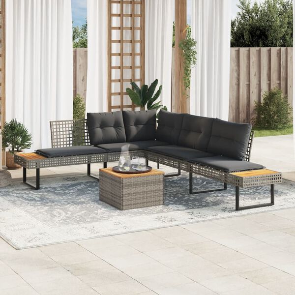 vidaXL Salon de jardin avec coussins 5 pcs gris r&eacute;sine tress&eacute;e acacia