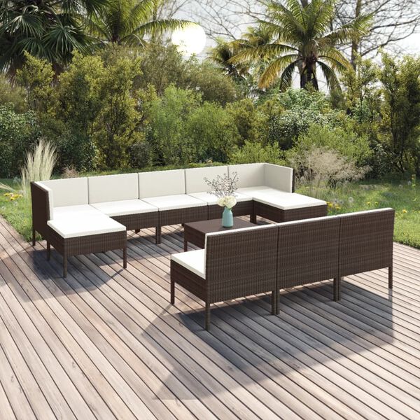 vidaXL Salon de jardin 11 pcs avec coussins R&eacute;sine tress&eacute;e Marron