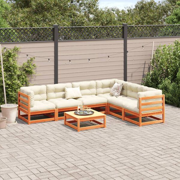 vidaXL Salon de jardin 7 pcs avec coussins cire marron bois pin massif