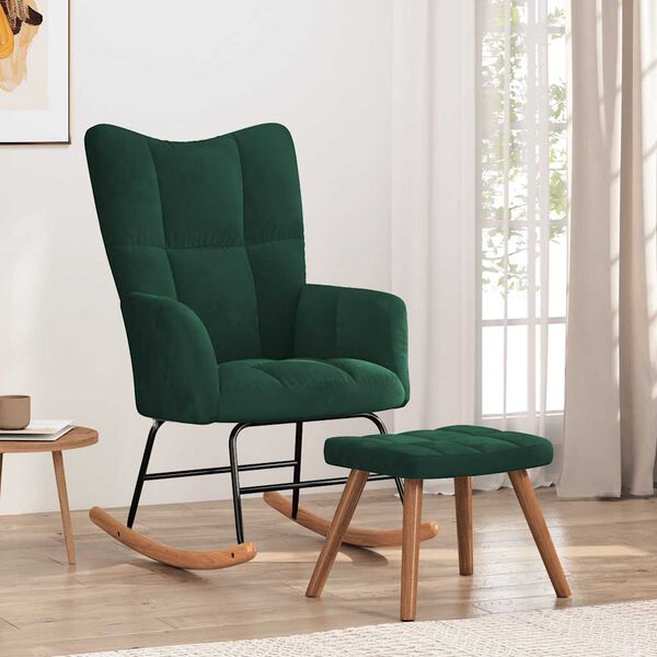 vidaXL Chaise &agrave; bascule avec repose-pied Vert fonc&eacute; Velours