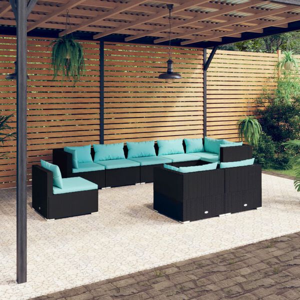 vidaXL Salon de jardin 9 pcs avec coussins R&eacute;sine tress&eacute;e Noir