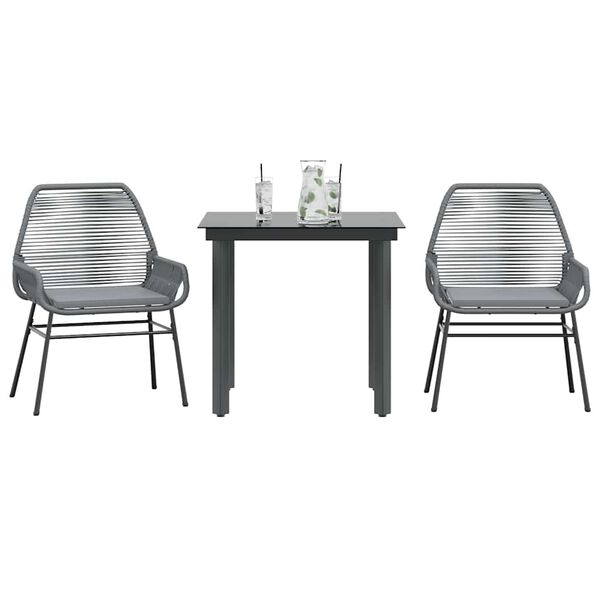 vidaXL Ensemble &agrave; manger jardin coussins 3 pcs gris poly rotin verre